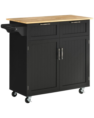  Carrello da Cucina Multiuso in Legno con 2 Cassetti, Armadietto e 4 Ruote, 104x46x91cm, Nero