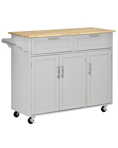  Carrello da Cucina Multiuso in Legno con 2 Cassetti, 3 Antine e 4 Ruote 121x46x91cm, Grigio