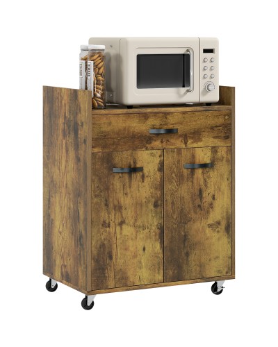  Carrello da Cucina con Cassetto, Armadietto e 4 Ruote in Legno, 60x40x77cm, Marrone Rustico