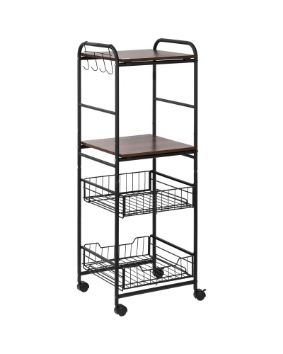 Kitchen Cart with 2 Metal Pull-Out Baskets, 2 Chipboard Shelves, and Side Hooks, 40x38x111cm
