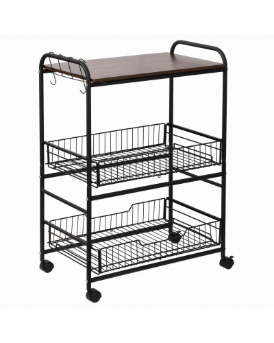  Carrello da Cucina Portavivande Stile Industriale con 4 Ruote, 2 Cestini e 4 Ganci, 60x38x85.5cm, Marrone Nero