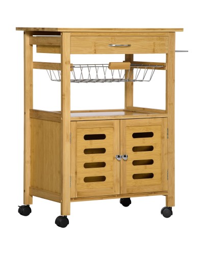  Carrello da Cucina con Cassetto, Armadietto e Cestino Estraibile in Legno con Ruote Girevoli, 66x36x79cm