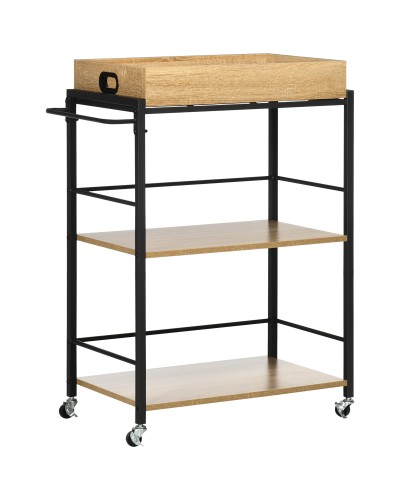 3-Tier Kitchen Cart with Removable Tray and Swivel Wheels, 72x40x94cm, Wood and Black