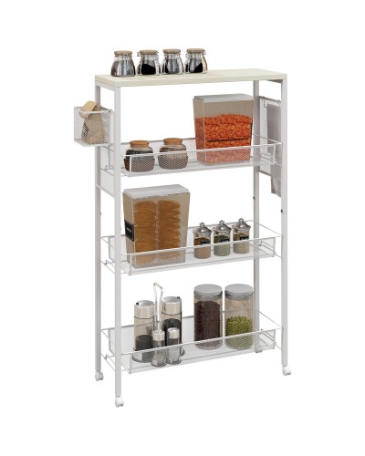 3-Tier Kitchen Cart with Side Basket and Hooks, Chipboard and Steel, 58x18.5x87 cm