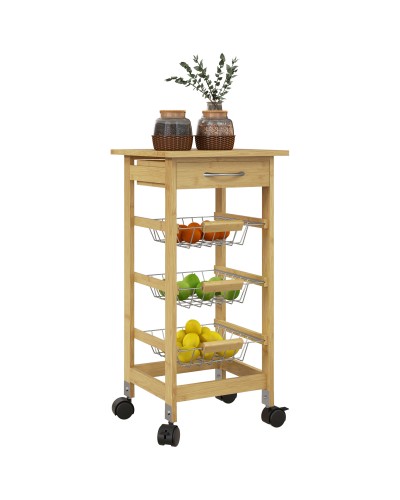  Carrello Cucina con Ruote, Cassetto e 3 Cestini a Rete Metallica, 37x37x76cm, Colore Legno