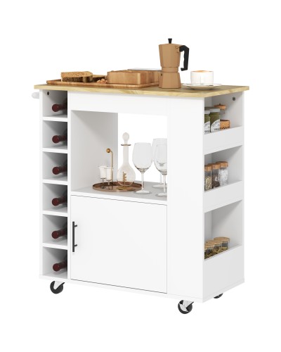 Kitchen Cart with Wheels, Shelves, Cabinet and Bottle Rack, 83x40x83 cm, Oak