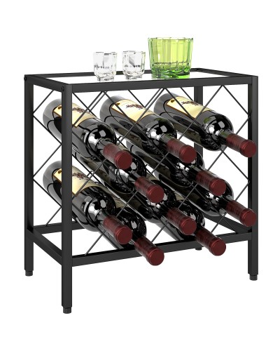  Portabottiglie Vini per 10 Bottiglie in Acciaio Nero con Piano d'Appoggio in Vetro Temperato, 41x22x41 cm