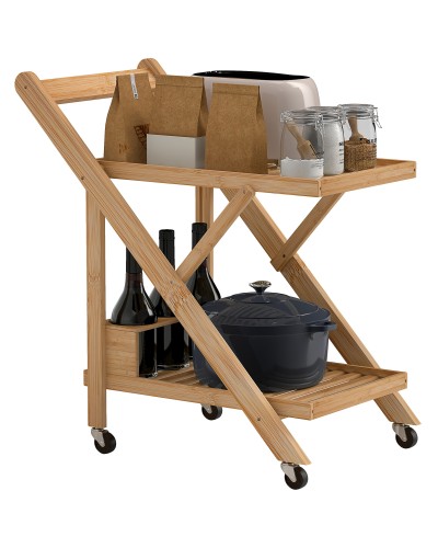 2-Tier Folding Kitchen Serving Cart with Bamboo Wood Bottle Rack