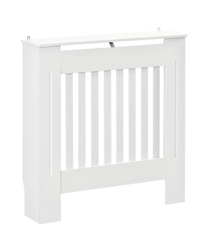 White Wooden Radiator Cover for Heaters and Radiators, Vertical Slats and Top Shelf, 78x19x81cm