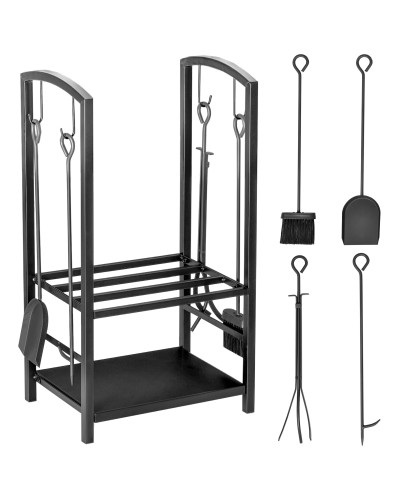  Portalegna da Interno ed Esterno in Metallo a 2 Ripiani, Porta Legna per Interni, Paletta, Scopa, Attizzatoio e Pinza, 40x30x74