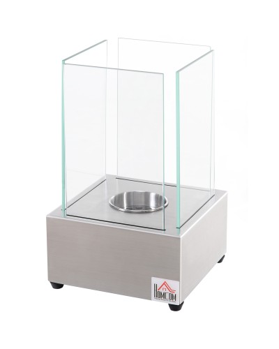 Tabletop Bio Ethanol Fireplace with 0.4L Burner, Steel and Glass Bio Fireplace for Indoor and Outdoor Use, 20x20x33cm, Silver