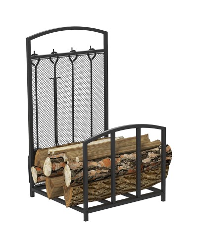  Portalegna da Interno ed Esterno in Metallo con Ganci e 4 Attrezzi Inclusi, 39x39x68cm, Nero