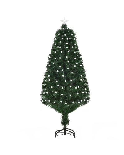  Albero di Natale Artificiale 150cm con 170 Luci LED e Fibre Ottiche, 170 Rami e Base in Metallo Pieghevole, Verde