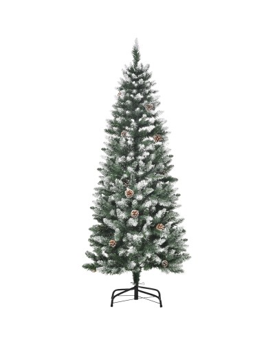  Albero di Natale Innevato da 150 cm con 464 Rami e 28 Pigne in Plastica e Metallo, Verde e Bianco