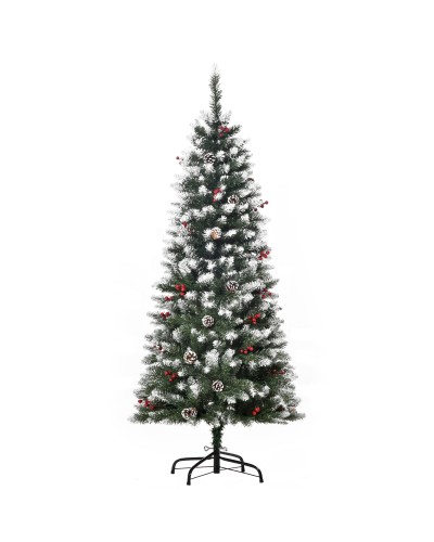  Albero di Natale Innevato Artificiale 150cm con Bacche Rosse e Pigne Bianche, Base Rimovibile Pieghevole, 408 Rami