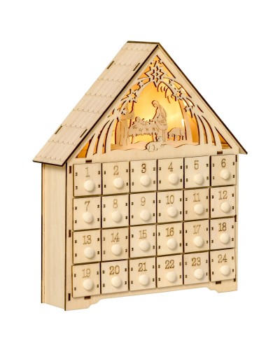  Calendario dell'Avvento in Legno con 24 Cassetti, Decorazione Natalizia con Presepe Intagliato e Luci, 26.6x6x30cm