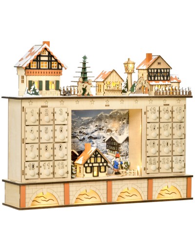 Wooden Advent Calendar with 24 Fillable Drawers, Christmas Village Decoration with Lights, 44x10x37cm