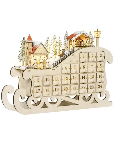  Calendario dell'Avvento in Legno a Forma di Slitta con 24 Cassetti da Riempire, Decorazioni e Luci a LED, 45x10x31cm