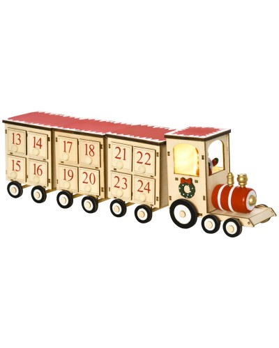  Calendario Avvento di Natale a forma di Treno con Babbo Natale e Luce LED Inclusa, in Compensato, 40x8x11 cm