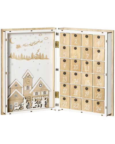 Wooden Christmas Advent Calendar Book Shaped with Christmas Themes, 22x7x32 cm, White and Wood Color