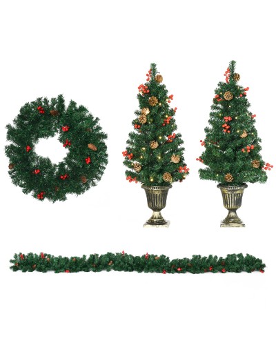  Decorazioni Natalizie, Set 4 Pezzi con 2 Alberelli di Natale Φ40x90 cm, Ghirlanda Natalizia e Corona di Natale