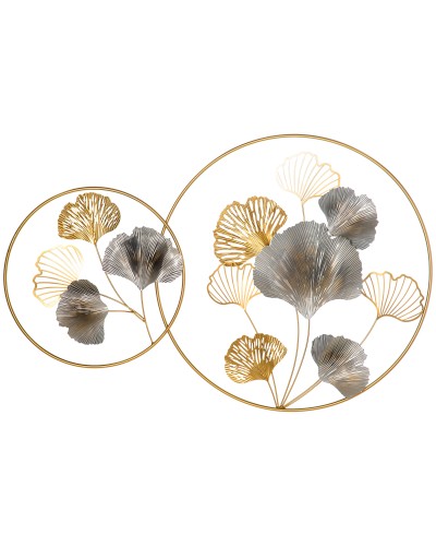  Decorazione Murale 3D in Metallo, Wall Art Dorata con Ginkgo in due Cornici Rotonde, 102x66.2cm, Oro e Argento