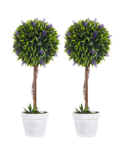Artificial Green Ball Plant Set with Lavender Flowers & Mossy Cement Pot, Ø24x60 cm