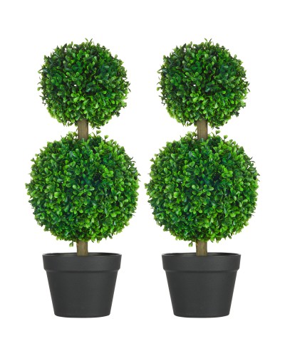  Set da 2 Piante di Bosso a 2 Sfere Realistiche con Vaso incluso, a Fondo Rinforzato ed Erba, 60 cm