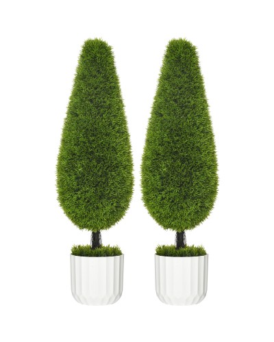  Set 2 Piante Finte di Cipresso con Vasi Ø12x16 cm, Muschio e Cemento, in PE e Plastica, Verde e Bianco