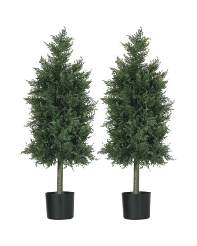 Set of 2 Faux Cedar Plants in PE with PP Plastic Pot, Steel and Cement, 38x12.5x90 cm, Green