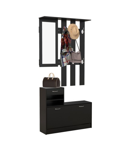  Mobile da Ingresso Appendiabiti con Scarpiera e Specchio, in Truciolato, 90x10x102 cm, Nero