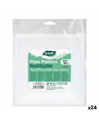 Platos reutilizables Algon | Cuadrados blancos de 18 cm | Plástico resistente (24 unidades)
