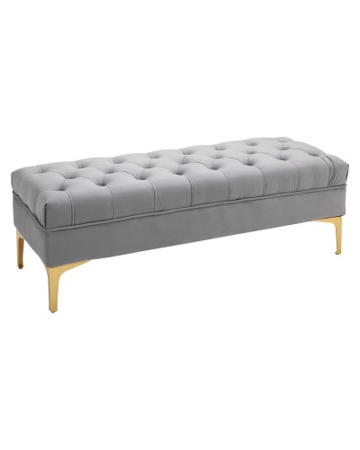 Velvet Fabric Upholstered Bed End Bench with Gold Metal Base, 118x45x42cm, Grey