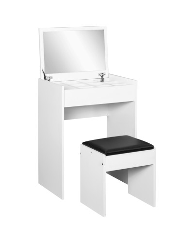 Makeup Table with Foldable Mirror, Modern Vanity Table, with Stool, Storage Compartment (10 Compartments), White MDF