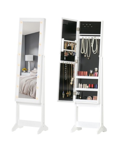  Armadietto Portagioie con Specchio Regolabile e Luci LED Bianco Caldo, 36x30x136 cm