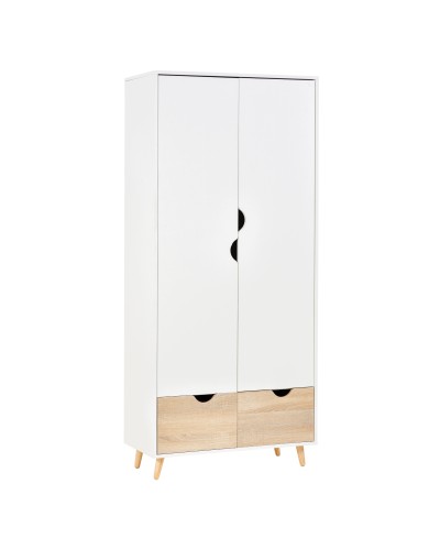 Two-Door Wooden Wardrobe with 1 Shelf, 1 Hanging Rail, 2 Drawers with Carved Handles, White 80x40x180cm
