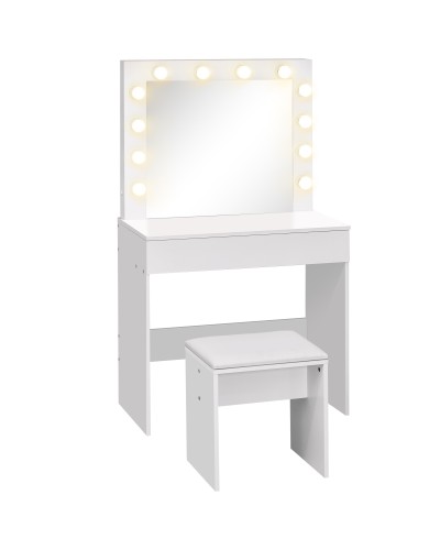  Set Tavolo da Trucco Toeletta con Specchio, 12 Luci LED, Sgabello Imbottito e Ampio Cassetto in Legno, 80x40x140 cm, Bianco