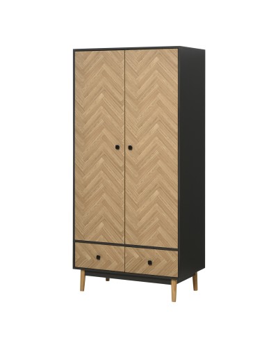2-Door Wooden Wardrobe with 4 Shelves, 2 Drawers, and Hanging Rail, Dark Grey, 90x50x190 cm