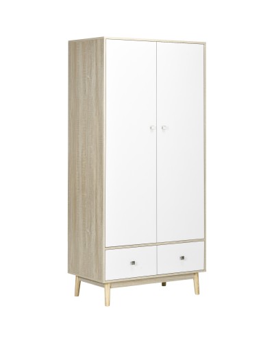 2-Door Wooden Wardrobe with 4 Shelves, 2 Drawers and Hanging Rail, Wood and White, 90x50x190cm
