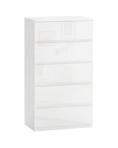 Modern 5-Drawer Anti-Tip Wooden Chest, 55x33x100 cm, Glossy White