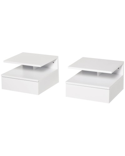Set of 2 Floating Bedside Tables with Drawer and Top Shelf, Wooden Nightstand 35x32x22.5cm