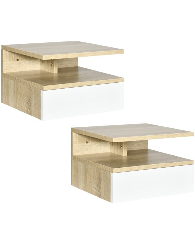  Set da 2 Comodini Sospesi con Cassetto e Ripiano Superiore, in Legno, 35x32x22.5 cm, Bianco e Rovere
