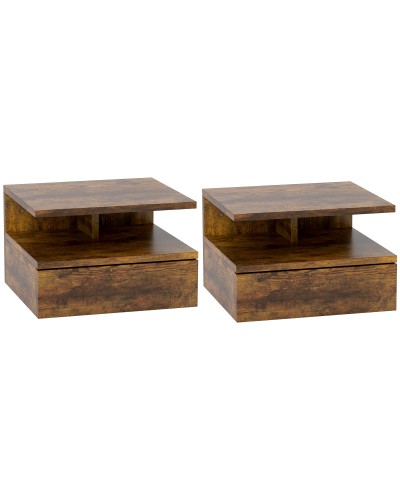 Set of 2 Floating Bedside Tables for Bedroom with Drawer and Wooden Shelf 35x32x22.5cm, Brown