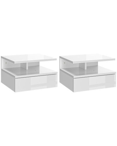  Set da 2 Comodini Moderni Sospesi con Cassetto e Mensola in Legno 35x32x22.5cm, Bianco Lucido