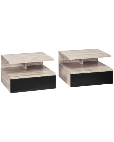 Set of 2 Modern Floating Nightstands with Drawer and Top Shelf, 35x32x22.5cm, Oak and Black