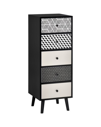  Mobile Cassettiera 5 Cassetti Fantasia Geometrica, Arredamento Moderno Camera e Ingresso, 40x40x111.5cm Nero Grigio