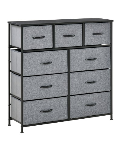  Cassettiera con 9 Cassetti in Tessuto Pieghevoli e Struttura in Acciaio e Legno, 100x30x100cm, Nero e Grigio