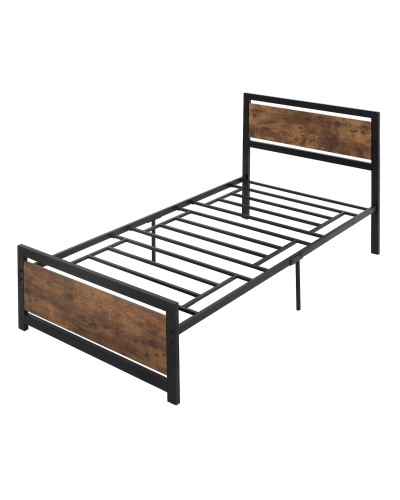  Struttura Letto Singolo in Legno e Acciaio con Doghe in Stile Industriale, 90x200cm