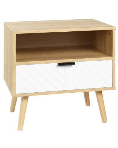 Modern Nightstand with Drawer and Open Shelf, Wood, 50x39.5x49.5 cm, White and Wood Color