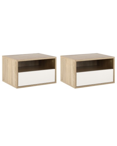  Set 2 Comodini Sospesi con Cassetto e Ripiano 45x35x27.5cm - Bianco e Color Legno